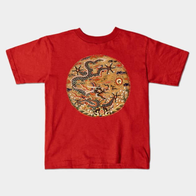 FIVE CLAWED BLACK DRAGON IN GOLD FLORAL SWIRLS Chinese Embroidery in Red Kids T-Shirt by BulganLumini